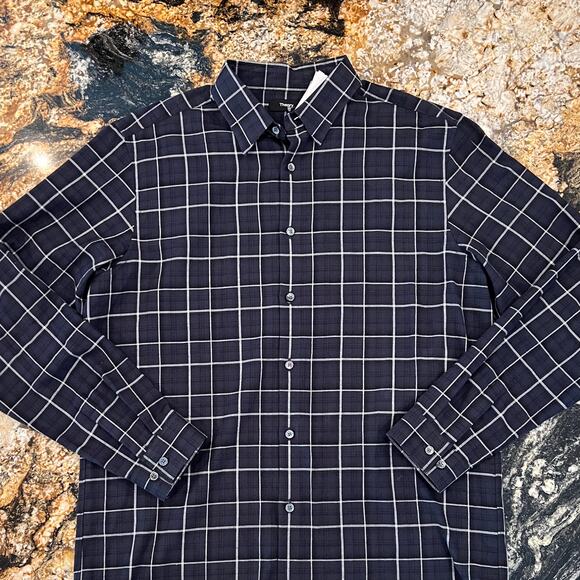 NWT Theory Men's Navy Irving Multi Standard-Fit Shirt in Ombré Grid Cotton -  L - Picture 3 of 9